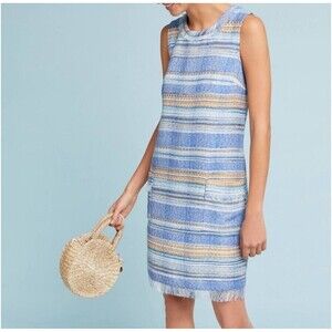 AKEMI + KIN ANTHROPOLOGIE Tweed Striped Shift Dress Size 6 Blue Spring Coastal